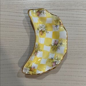 Mackenzie Childs Dandy Lion Honeymoon Ruffled Bone Crescent Plate Yellow Checker